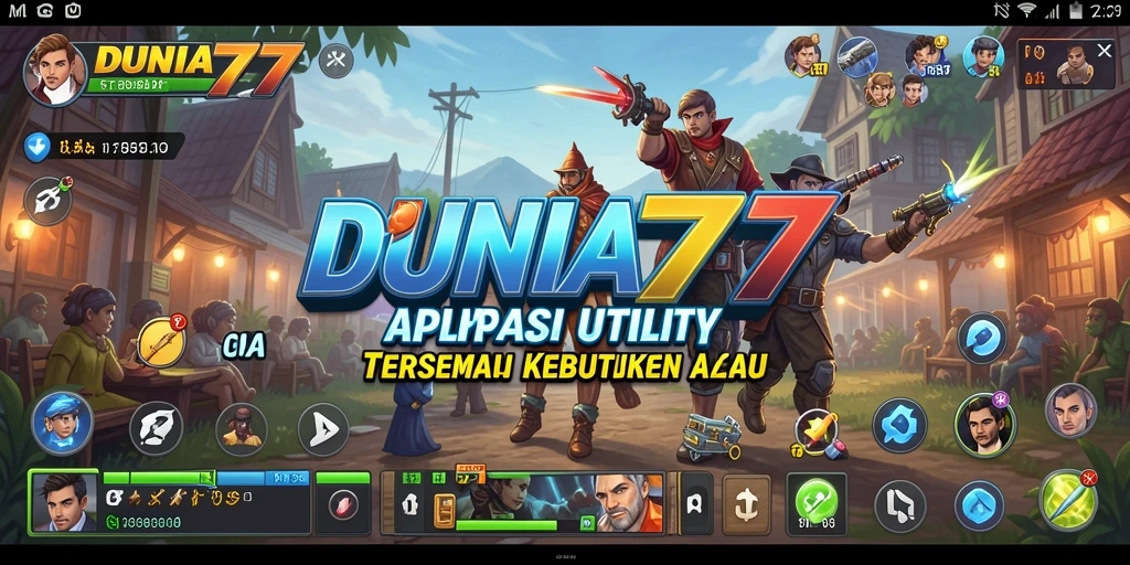 Tampilan utama aplikasi DUNIA77 dengan fitur-fitur Utility yang lengkap.