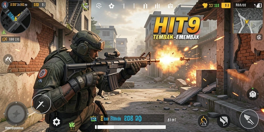 Tangkapan layar dari gameplay HIT9 menampilkan aksi tembak-menembak yang intens.