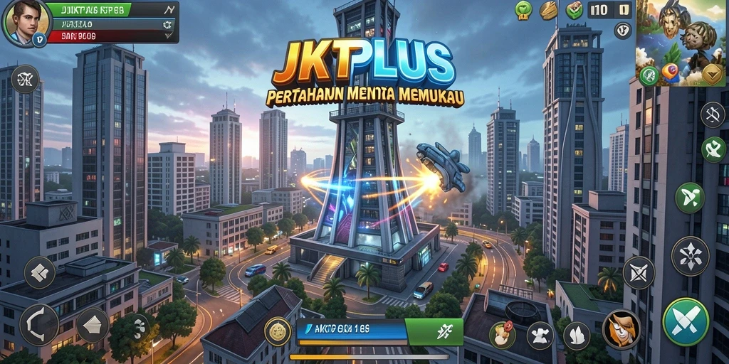 Tampilan gameplay menarik dari JKTPLUS menampilkan strategi menara pertahanan.