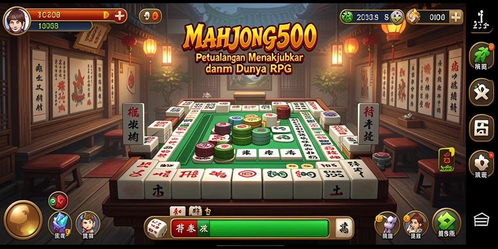 Tampilan gameplay <strong>MAHJONG500</strong> yang menarik dalam suasana RPG.