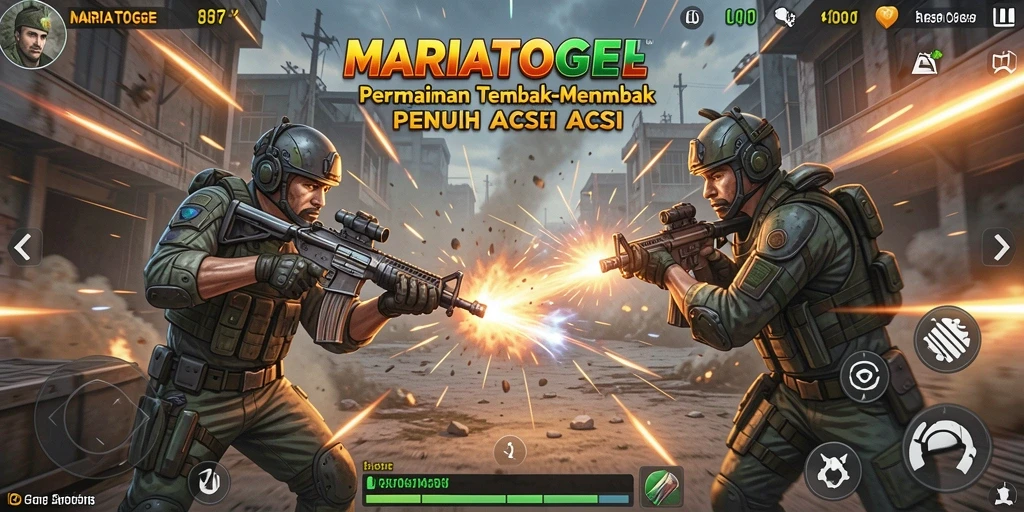Screenshot MARIATOGEL menampilkan aksi tembak-menembak yang mendebarkan.