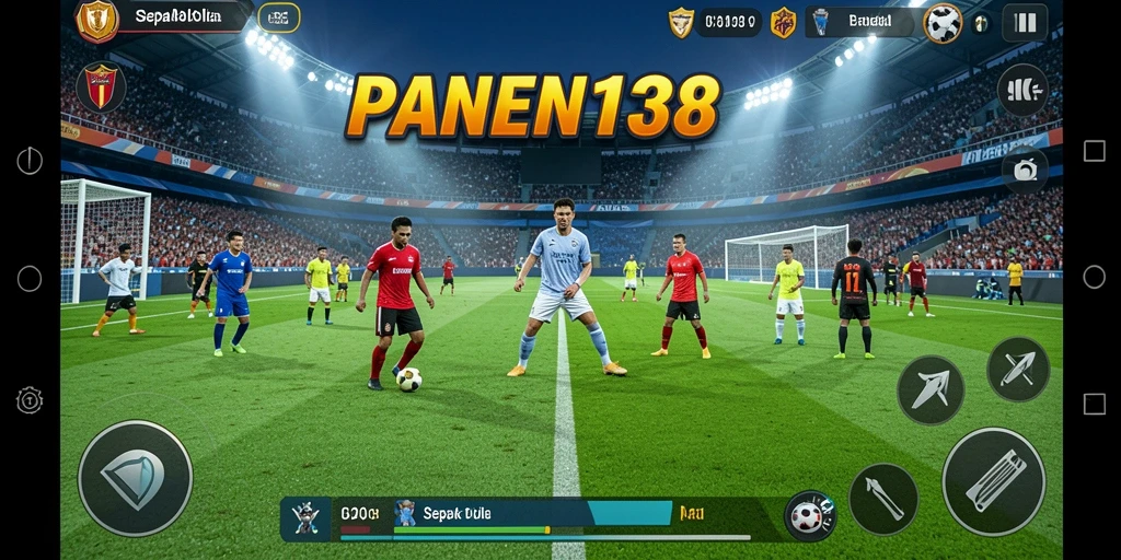 Tangkapan layar gameplay PANEN138 menampilkan aksi sepak bola yang seru.