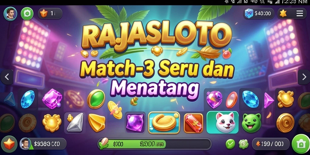 Screenshot utama RAJASLOTO menampilkan aksi gameplay Match-3 yang seru.